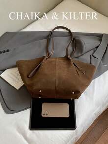 2 piezas Bolso de hombro de tela de ante de unicolor CHAIKA y KILTER, bolso de gran capacidad casual retro para mujeres, diseño de doble asa y cierre a presión, adecuado para viajes, compras, citas, regalo para mujeres, adecuado para adolescentes, estudiantes universitarios, principiantes y oficinistas, muy adecuado para oficina, academia, trabajo, negocios, viajes, salidas - Café - Ver 4
