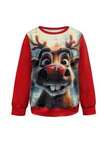 Fashionable Casual Vacation Style Elegant Versatile Women's Outdoor, Home, Travel, Work Pullover Sweatshirt, Christmas Cute Reindeer Nose Print, Lightweight Long Sleeve, Red, Party, Gathering - Red - View 3
