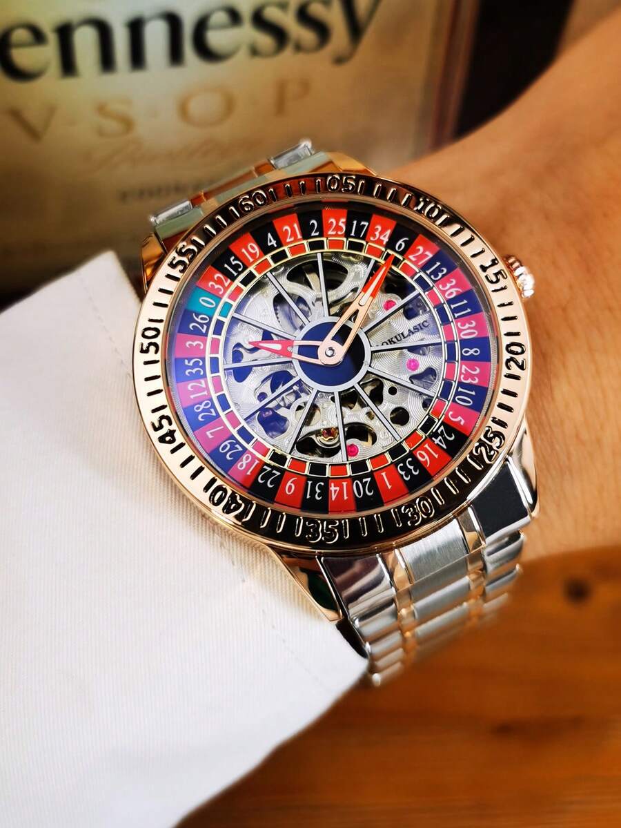 AOKULASIC 1pc Luxury Rose Golden Skeleton Automatic Watch For Men Luminous Hands Rotating Design Stainless Steel Strap Business Casual Men Watches