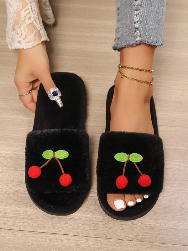 Women's Cute Cherry Decor Plush Open Toe House Slippers, Comfortable Fluffy Slip-On Slippers For Indoor/Bedroom/Living Room, Suitable For Autumn/Winter