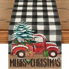 Chemin de table camion de Noël et gnome - Design d'arbre festif en polyester lavable et réutilisable pour tables de fête, décoration de la maison, cadeaux de Noël