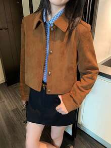 Women's Autumn/Winter Faux Suede Lapel Short Jacket - Brown - View 1