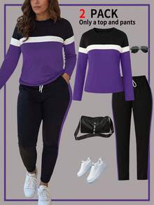 Fall/Winter Women's Fashionable Outfit, Color Block Round Neck Long Sleeve T-Shirt And Waist Drawstring Long Pants Set - Purple - View 1
