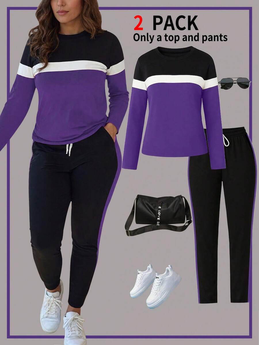 Fall/Winter Women's Fashionable Outfit, Color Block Round Neck Long Sleeve T-Shirt And Waist Drawstring Long Pants Set - Purple - View 1