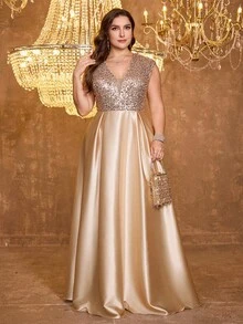 XUIBOL 亮片和缎子拼布 V 领 A 字裙，正式优雅大码女式晚礼服（重彩装饰）舞会婚礼宾客礼服，适合毕业典礼、晚宴 - 香檳色 - 查看 4