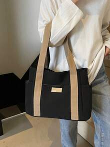 Fashionable Casual Multi-Pocket Letter Decor Lightweight Tote Bag, Large Capacity Single Compartment Shoulder Bag, Suitable For Girls/Women Shopping, School, Work Commute, Hospital, Outing, Mall - Black - View 6