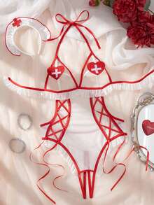 Two-Piece Female Nurse Cosplay Outfit, Including Nurse Headdress, Crotchless, See-Through Backless Bodysuit, Sexy Bodysuit And Sexy Lingerie Set.