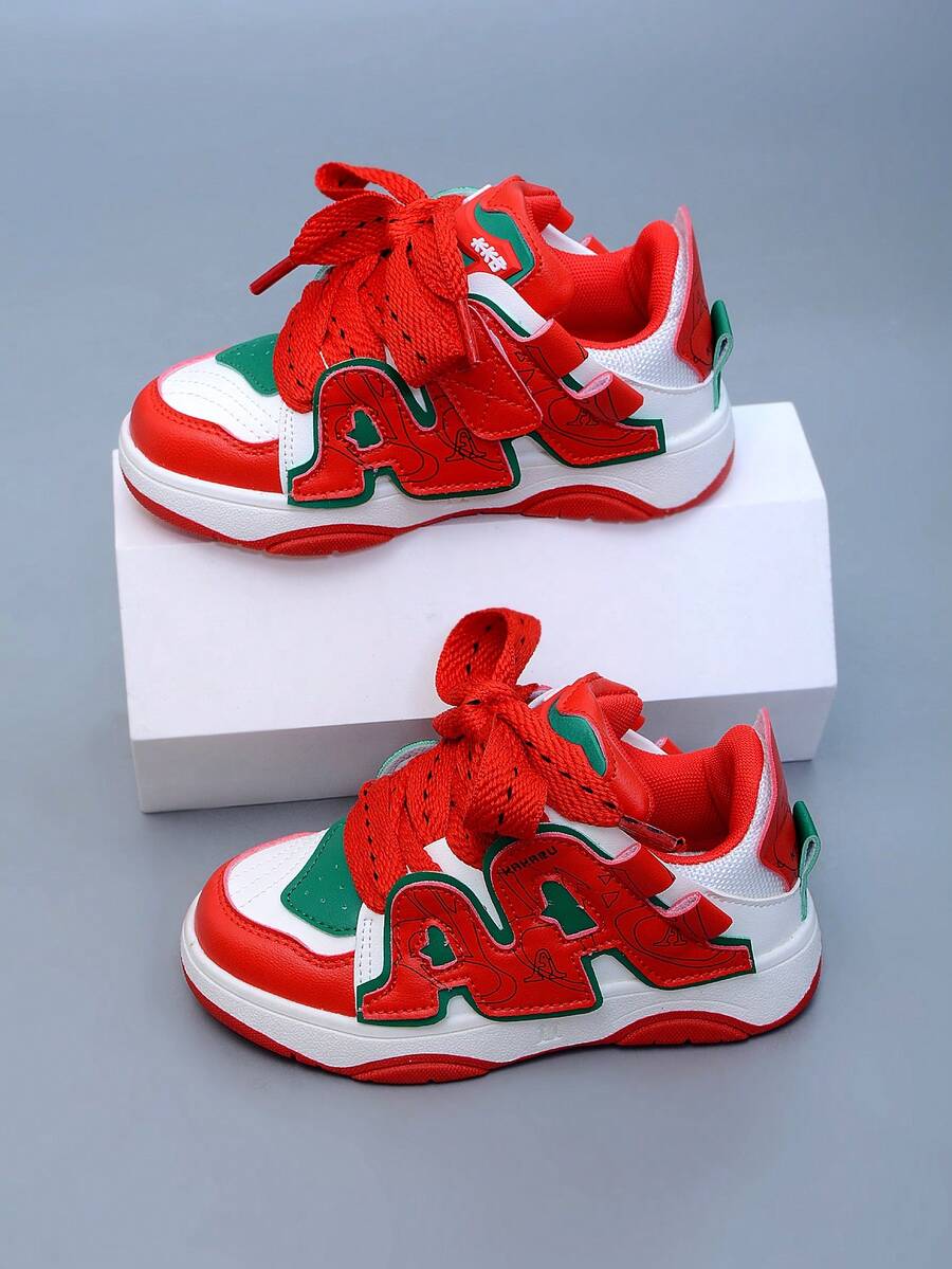 1 Pair Fashionable Dopamine Red PU Material Comfortable Non-Slip Durable Sporty Casual Sneakers For Children, Suitable For Daily Wear And Running - Red - View 1