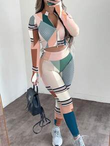 女士条纹撞色休闲拉链两件套春季款 - 彩色 - 查看 1