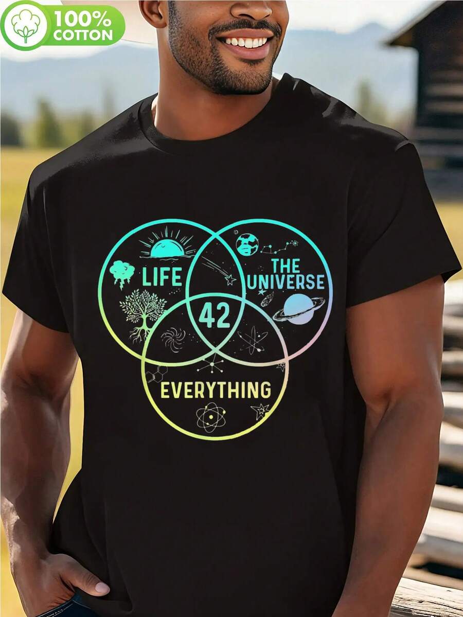42 アンサー ライフ ユニバース エブリシング Tシャツ| ひッチハイカーのガイドにインスパイアされたグラフィックTシャツ、超ソフトで通気性抜群、ブラックのクルーネック、カジュアルなストリートウェアトップス、SFファンやカジュアルな服装に最適、幾何学模様のデザイン、吸湿性のある生地、わずかな伸縮性 - ホワイト - チェックする 1
