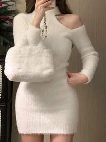 露肩纯色性感毛衣裙，约会必备 - 白色 - 查看 8