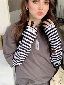 1双女士柔软条纹宽松防晒冰丝手套，驾驶/骑行/高尔夫手臂保护袖，夏季清凉 - 彩色 - 查看 6