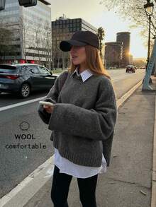 Senya 女士秋冬圆领长袖轻薄针织羊毛衫，侧开衩直袖设计，日常通勤百搭针织套头衫，新年必备 - 深灰色 - 查看 1