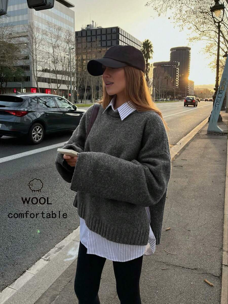 Senya 女士秋冬圆领长袖轻薄针织羊毛衫，侧开衩直袖设计，日常通勤百搭针织套头衫，新年必备 - 深灰色 - 查看 1