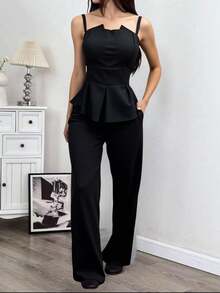Women's Simple Linen Tube Top And Long Pant Set Summer Spring Wide Leg Pant Tank Top And Pants - Negro - Ver 3