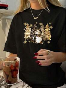 1pc Vintage Style Women'S T-Shirt, Geometric Snowm