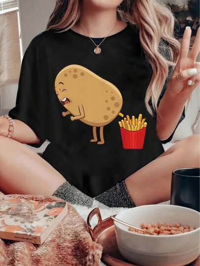 Women'S T-Shirt, "Potato Fries" Print, Retro Minimalist Fashion, Casual And Comfortable Crew Neck, Sporty Short-Sleeved T-Shirt