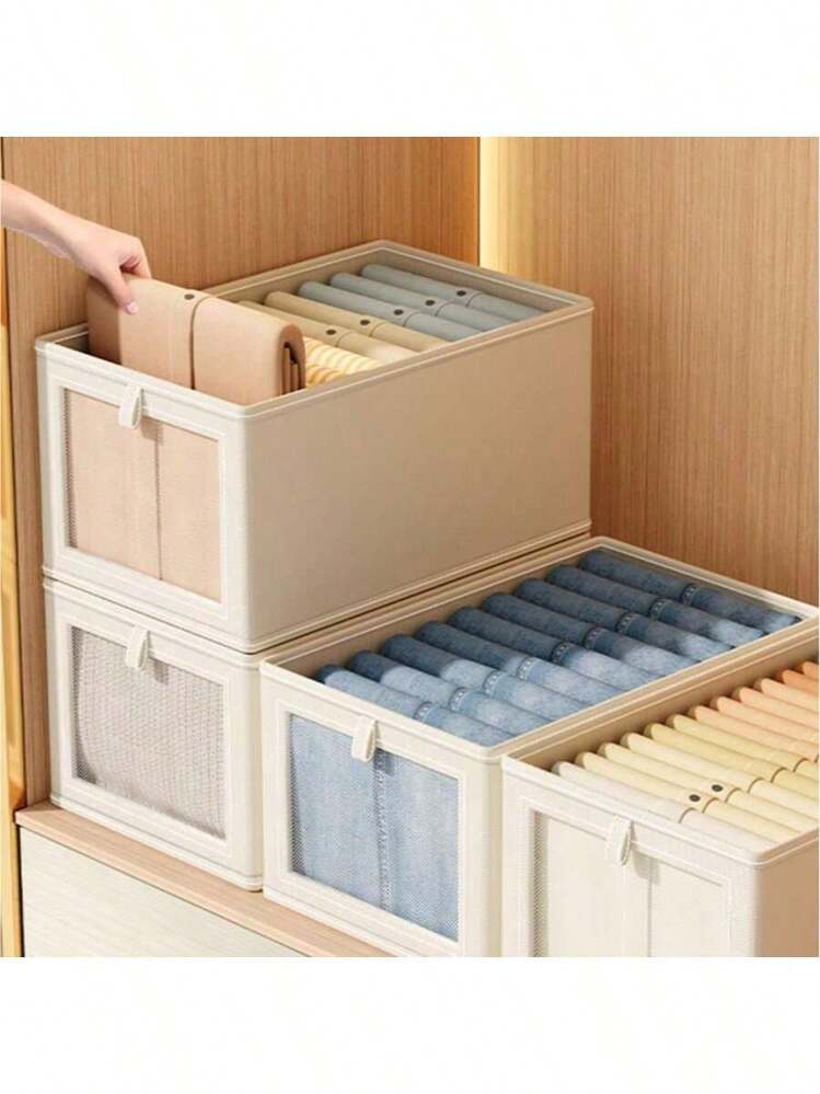 Shelf Large Storage Basket | Sturdy Fabric Wardrobe Storage Box For Organizing Transparent Windows | Foldable Home Storage With Lid, Beige/Gray - Multicolor - View 2