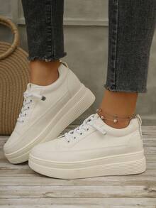 Women's Classic White Sneakers, Casual Fashion Flat Shoes, White Matching Outdoor Sports Shoes, Height Increasing, Lightweight, Soft Bottom, Breathable, Slip-On Platform Sneakers