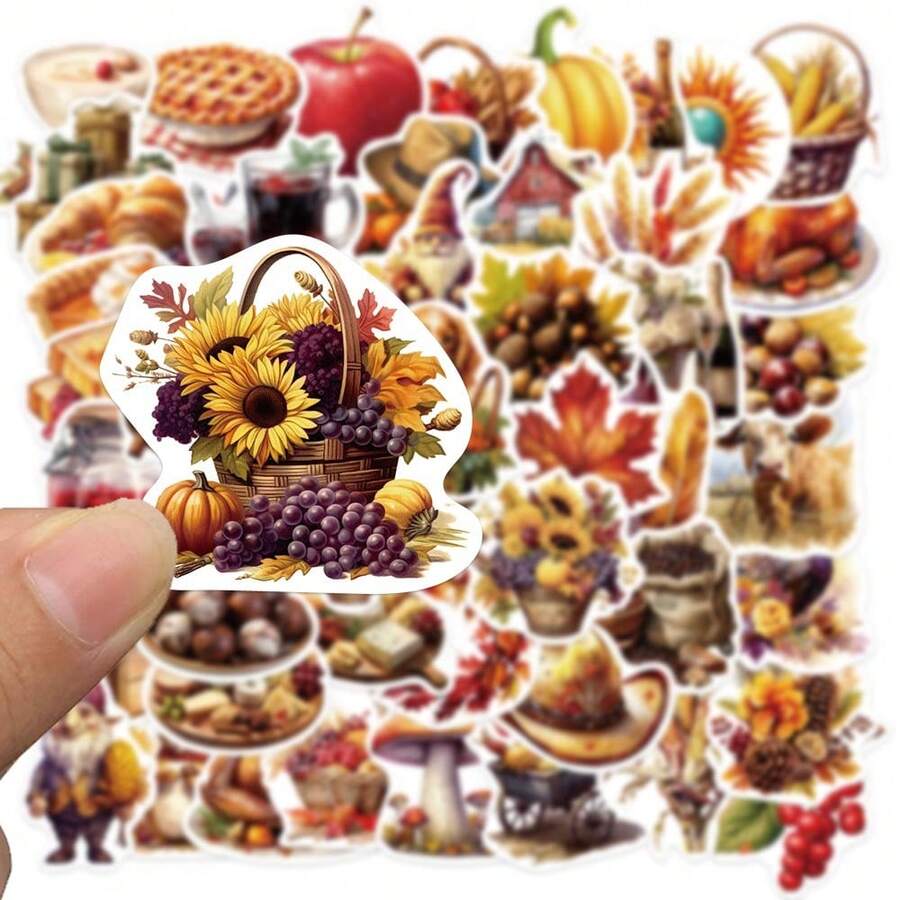 50pcs Thanksgiving Stickers, Pumpkin, Autumn Maple Leaves, Thanksgiving Holiday Stickers