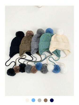 Flerfärgad flätad stickad mössa med pom pom-pom, trendig vintermössa med varmt hörselskydd, stickad mössa för kvinnor, höst/vinter, enfärgad mössa med stort huvudomfång