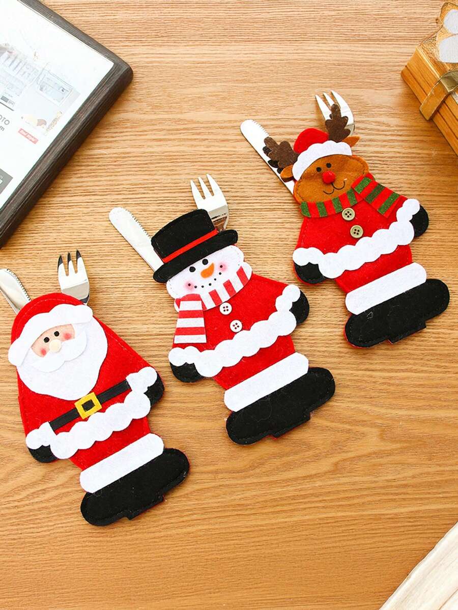 Set de 3 cuțite și furculițe de Crăciun, geantă pentru cuțite și furculițe de Crăciun, set de tacâmuri Moș Crăciun, accesorii pentru decorarea mesei de Crăciun, geantă de depozitare pentru cuțite și furculițe din fetru, desene animate pentru decorațiuni de Crăciun, ideal pentru decorațiuni de Crăciun, decor de cameră de iarnă