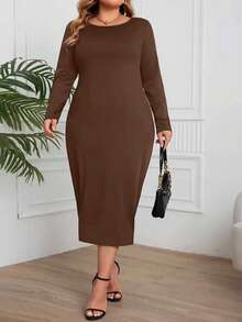 Plus Size Women Brown Long Sleeve Knit Midi Dress, Round Neck Fitted - Coffee Brown - View 3