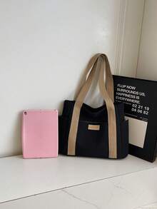 Fashionable Casual Multi-Pocket Letter Decor Lightweight Tote Bag, Large Capacity Single Compartment Shoulder Bag, Suitable For Girls/Women Shopping, School, Work Commute, Hospital, Outing, Mall - Black - View 2