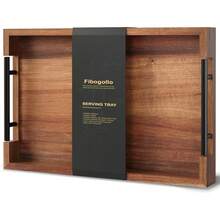 Acacia Wood Serving Tray With Metal Handles,15x10in Ottoman Decorative Trays Platter Coffee Table,Living Room,Bar,Party(Medium) - 棕色 - 查看 1