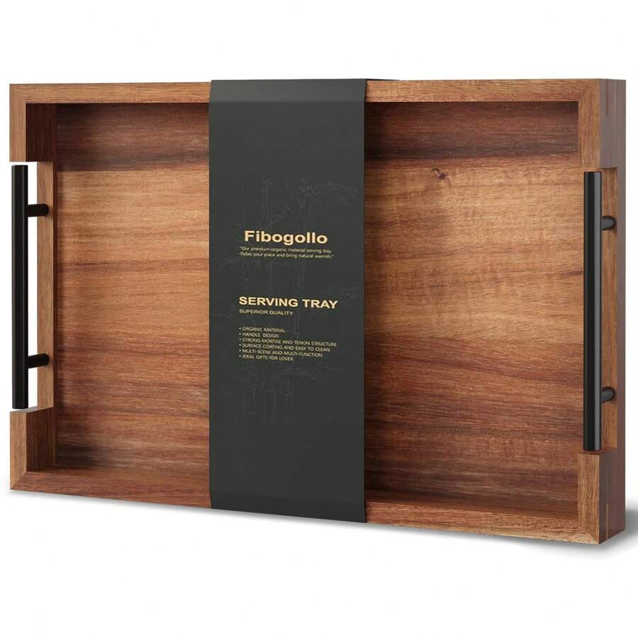 Acacia Wood Serving Tray With Metal Handles,15x10in Ottoman Decorative Trays Platter Coffee Table,Living Room,Bar,Party(Medium) - 棕色 - 查看 1