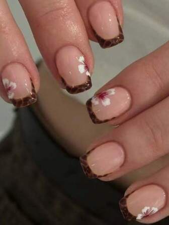 24 st korta fyrkantiga leopardmönster fransk manikyr nagelstickers, blommönster, lätta att bära, set innehåller 1 st gelégel och 1 st nagelfil, lämplig för kvinnor och flickor för vardagsbruk och olika festtillfällen