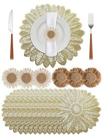 2/6/12 piezas Manteles individuales de flor de PVC dorado, anillos de servilleta de girasol falso, lavables, fáciles de limpiar, resistentes al calor, antideslizantes, adecuados para decoración de habitaciones, decoración de mesa de comedor, decoración del hogar, decoración de fiestas, adecuados para vacaciones, fiestas, reuniones, cumpleaños, bodas, regalos, cenas, al aire libre, picnics