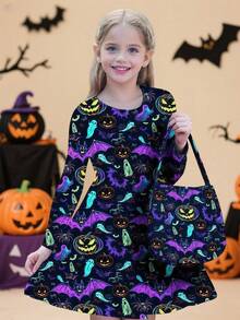 Girls Casual Comfortable Round Neck Pumpkin, Bat, Ghost 3D Print Long Sleeve Cute Dress, Suitable For Everyday, Vacation, Elegant Party, Graduation, Back To School, Halloween