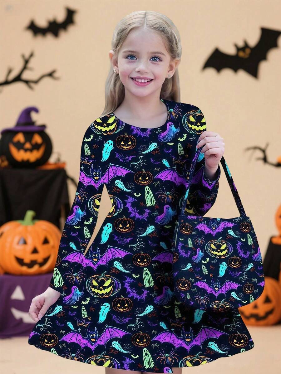 Girls Casual Comfortable Round Neck Pumpkin, Bat, Ghost 3D Print Long Sleeve Cute Dress, Suitable For Everyday, Vacation, Elegant Party, Graduation, Back To School, Halloween