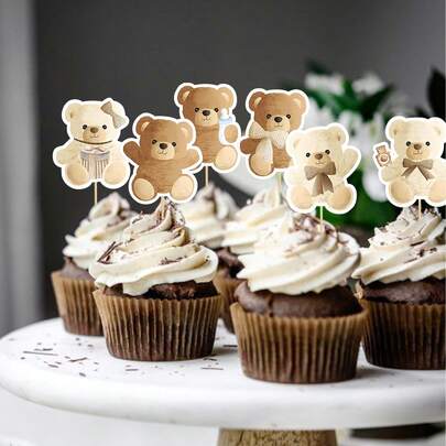 8pcs/24pcs/48pcs Teddy Bear Cupcake Toppers, Cute Brown Bear Cake Decorations, Suitable For Baby Shower, Birthday Cake Decoration