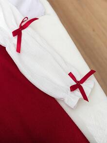 BASUSARRI 女童蕾丝彼得潘领长袖蝴蝶结纽扣直筒连衣裙，圣诞红灯芯绒舒适时尚可爱连衣裙，适合外出 - 紅色 - 查看 6