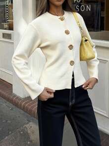 Áo khoác cardigan dệt kim tay dài cổ tròn mới của FOR BEAUTY, màu trơn, tối giản, thời trang, thanh lịch, thích hợp cho các buổi hẹn hò. - Màu be - Xem 1