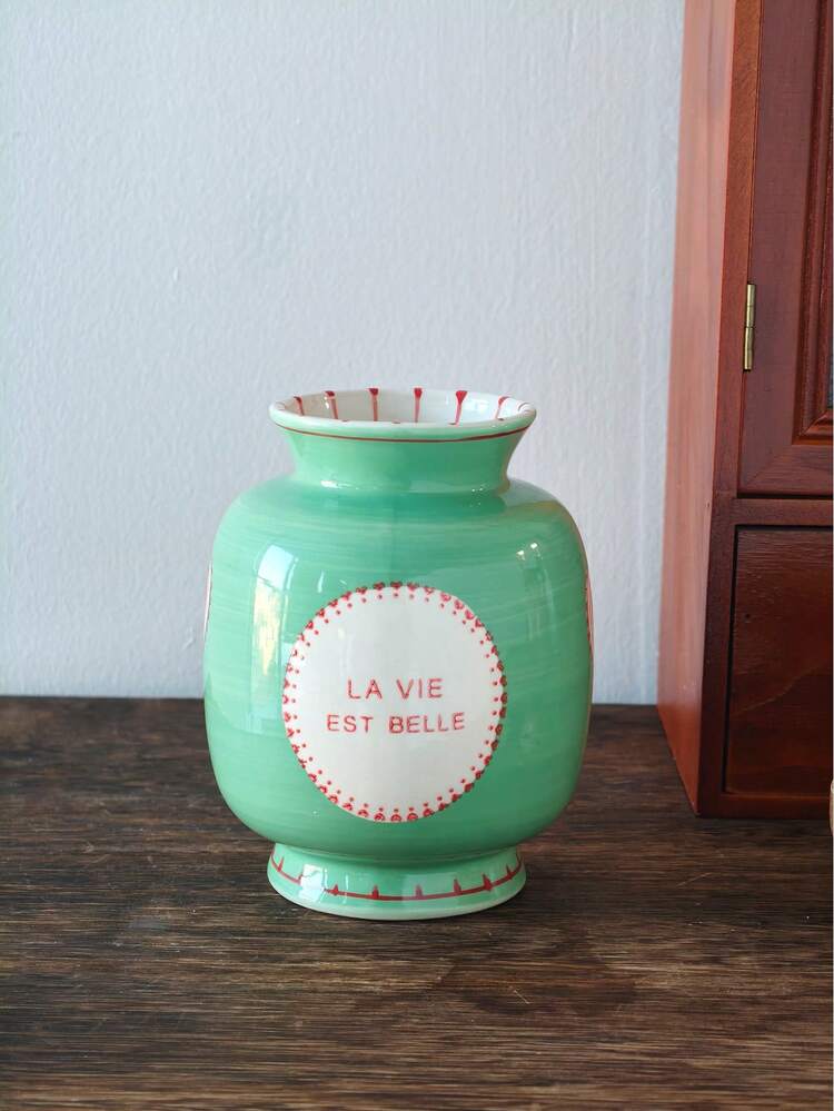 1pc Handpainted Asymmetrical Ceramic Flower Vase, Pink & Green Heart Pattern Vase, Home Decor Accessory Room Decor Glass Vase - Multicolor - View 5