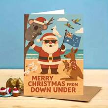 1pc Australian Christmas Card - Holiday Beach Scene With Santa, And Australian Animals - Envelope Style Holiday Greeting For Family, Friends And Colleagues - Perfect For Travel Enthusiasts And Summer Celebrations, Christmas Card | Cartoon Illustration | Paper Card, Christmas Card