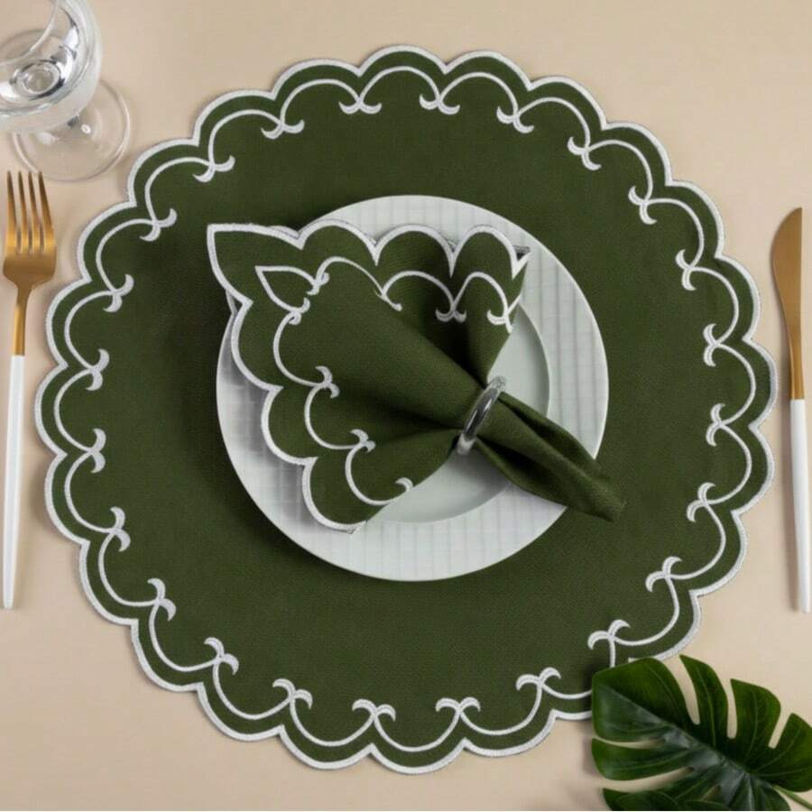 Placemat Kit, Embroidered Placemat, Round/Rectangular Table Placemat And Napkins - Sparta Moss - View 1