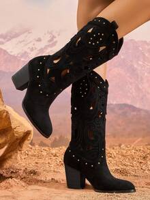 女士及膝靴，镂空透气西部靴，尖头粗跟高跟靴，性感一脚蹬靴，时尚派对宴会黑色中筒靴 - 黑色 - 查看 2