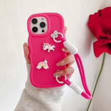 可爱粉色手提包设计新颖手机壳（带挂绳）可爱独角兽马卡龙手机壳+腕带，兼容 17 Pro Max/16 Pro Max/15 Pro Max/14 Pro Max/13 Pro Max/12 Pro Max/11 Pro Max/XS Max/7/8 Plus，荣耀手机，春季生日礼物 - 玫紅色 - 查看 4