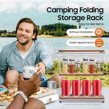 3-Tier Camping Folding Storage Rack Golden Sandalwood Desktop Organizing Rack With Spaced Design Multi-Function Storage Shelf For Indoor Outdoor Household, Portable Natural Wood Camping BBQ Storage Rack