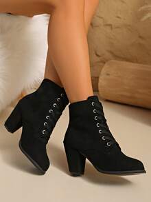 2025 Jesień/Zima Plus Size Europejskie i Amerykańskie Modne Sznurowane Rzymskie Rycerze, Damskie Czarne Kozaki z Wysokim Cholewką, Okrągły Nosek, Grube Wysokie Kozaki - Czarne - Zobacz 5