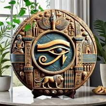 Eye Of Horus Round Metal Decor - Vintage Rustic Egyptian - Hieroglyphics Carved Home Wall Sign - Multicolor - View 1