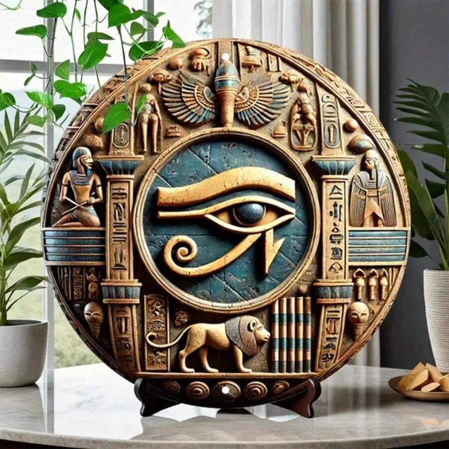 Eye Of Horus Round Metal Decor - Vintage Rustic Egyptian - Hieroglyphics Carved Home Wall Sign - Multicolor - View 1