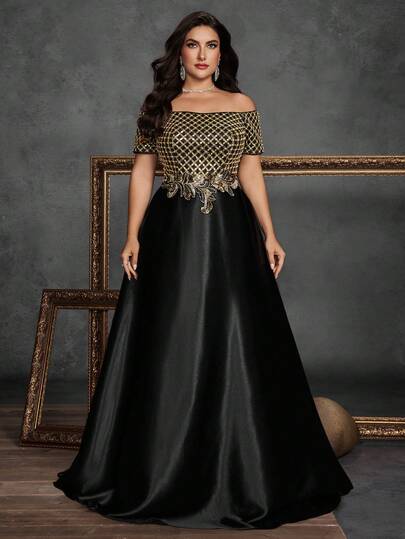 BluePlum 大码女式高品质亮片刺绣拼接塔夫绸露肩短袖手工花卉优雅正式晚宴礼服（重工装饰）婚礼黑色春季