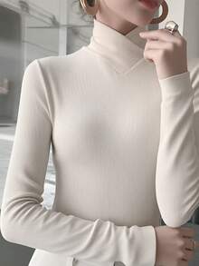 女士纯色针织交叉领打底衫，办公穿着，春季新款休闲款 - 杏色 - 查看 5