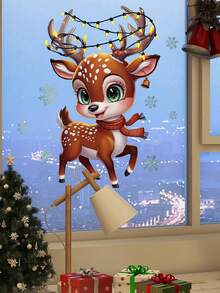 1 pièce Autocollant de fenêtre de renne de Noël festif - PVC, auto-adhésif, design de dessin animé classique avec scène enneigée et accents de houx, idéal pour la décoration de la maison et les cadeaux de Noël, décoration de Noël