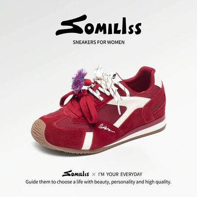 somiliss Women's Casual Sneakers With Hidden Wedge Heel, Fashion Lace-Up Bicolor Soft Bottom Trainers, Suitable For Commuting And Daily Wear, Red